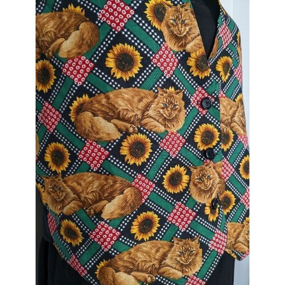 Sunflower and Cat Vest Plaid Orange cat One Size button down fall cat lady - Picture 7 of 12